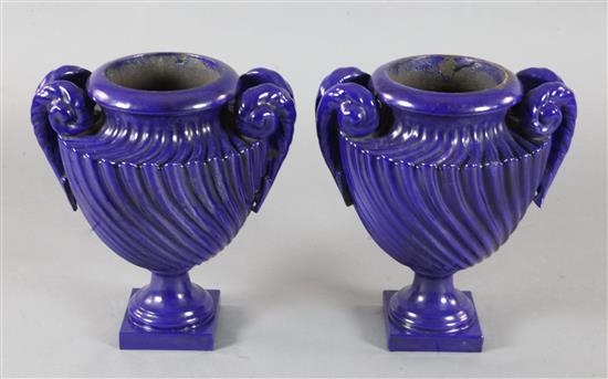 A pair of 19th century French blue enamelled cast iron garden urns, H.19in.